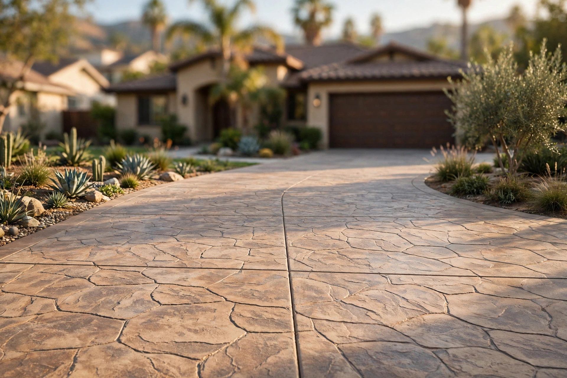 Stamped concrete driveway with control joints in front of a Los Angeles home