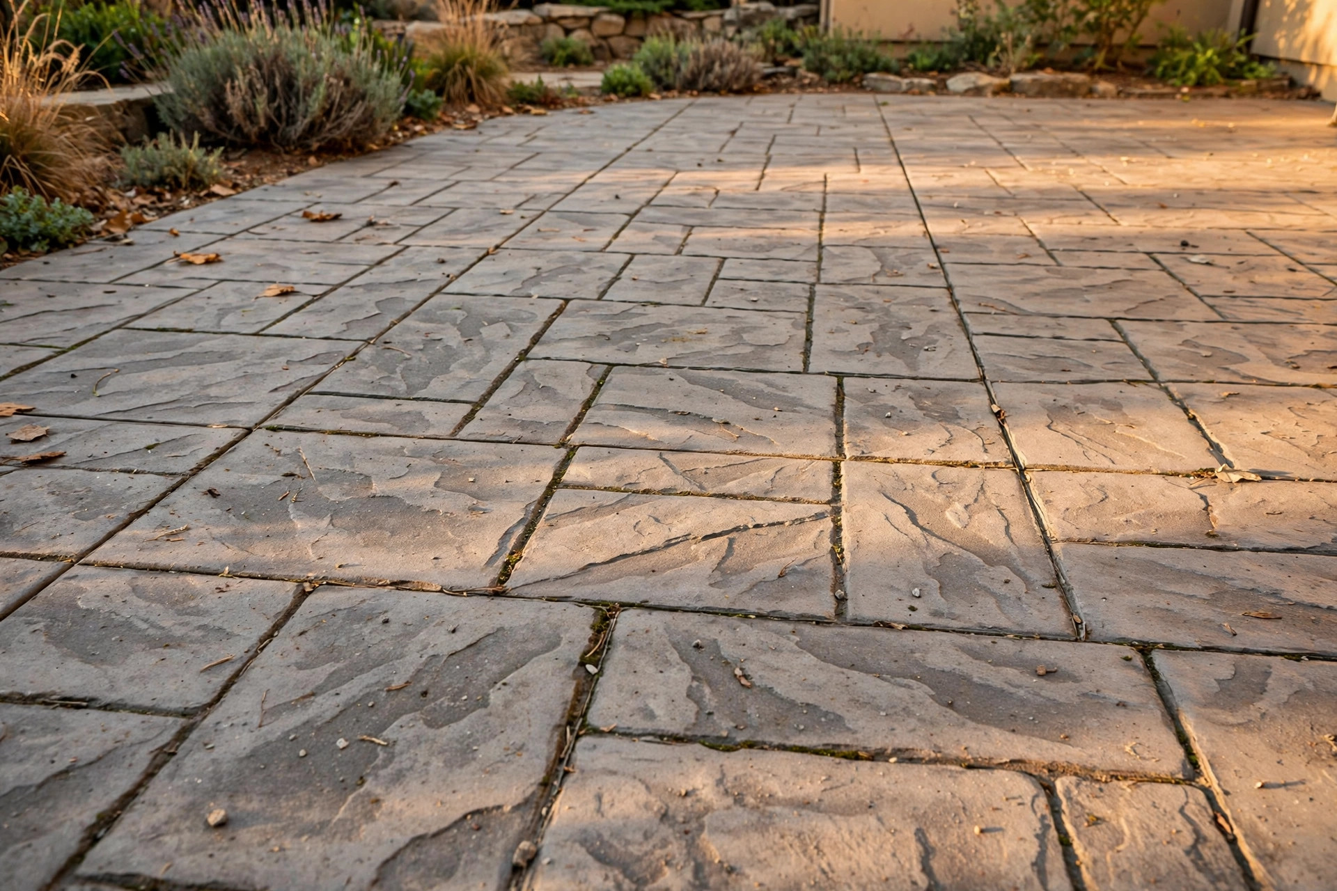 Ashlar slate stamped concrete patio in warm daylight