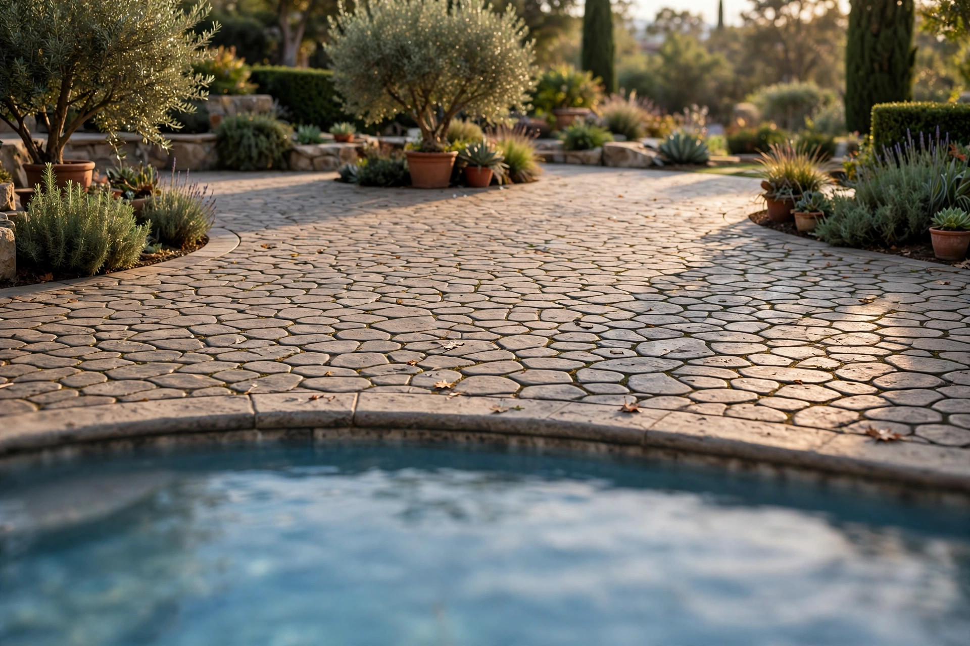 Cobblestone stamped concrete pool deck in afternoon light