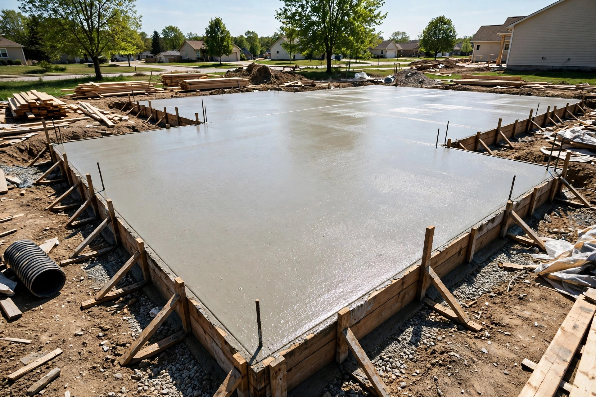 Fresh concrete foundation pour at a residential site